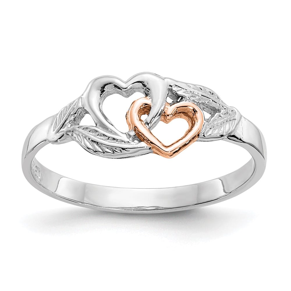14k White Gold Polished 2 Hearts and Leaves Ring