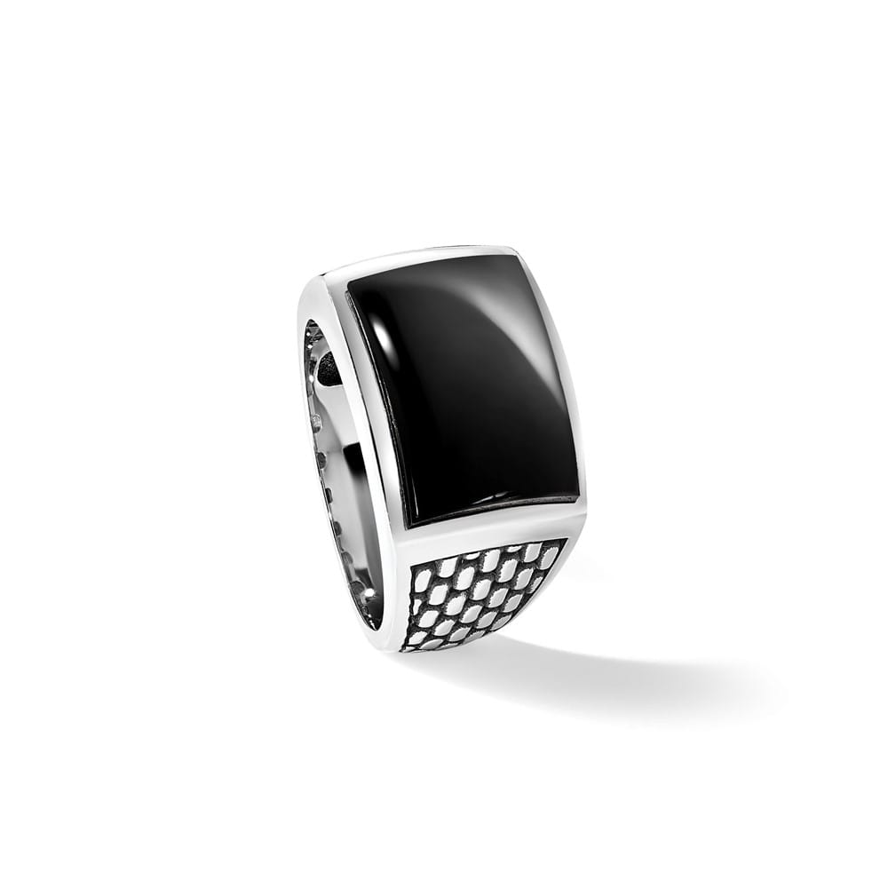 14k White Gold Polished and Textured Onyx Men's Ring