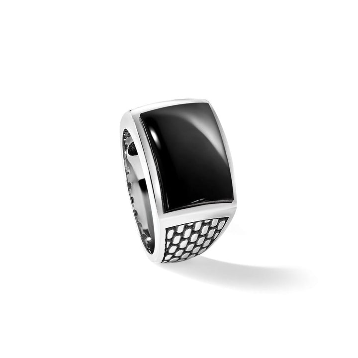14k White Gold Polished and Textured Onyx Men's Ring