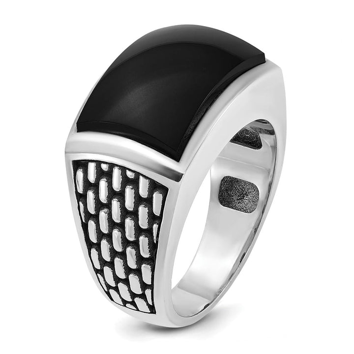 14k White Gold Polished and Textured Onyx Men's Ring
