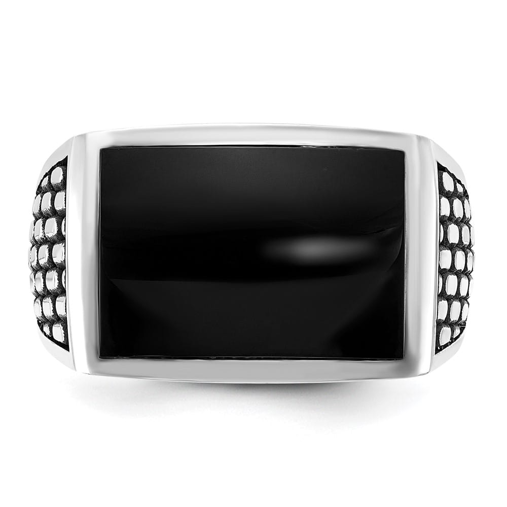 14k White Gold Polished and Textured Onyx Men's Ring