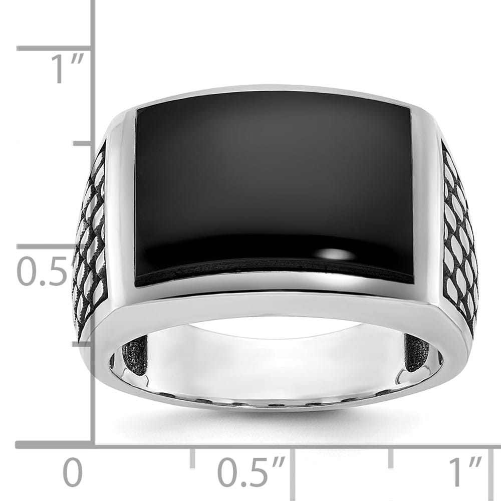 14k White Gold Polished and Textured Onyx Men's Ring