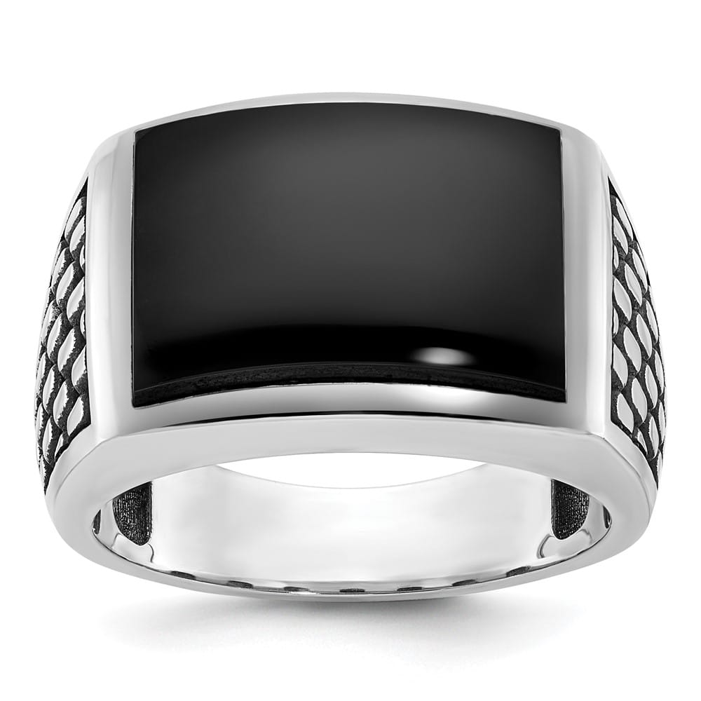 14k White Gold Polished and Textured Onyx Men's Ring