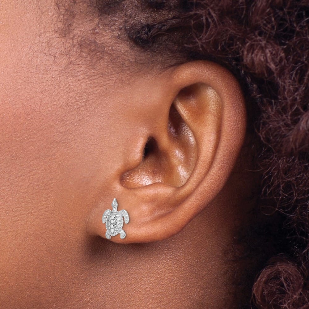 14K White Gold Polished and Textured Sea Turtle Post Earrings, view 3 of 4
