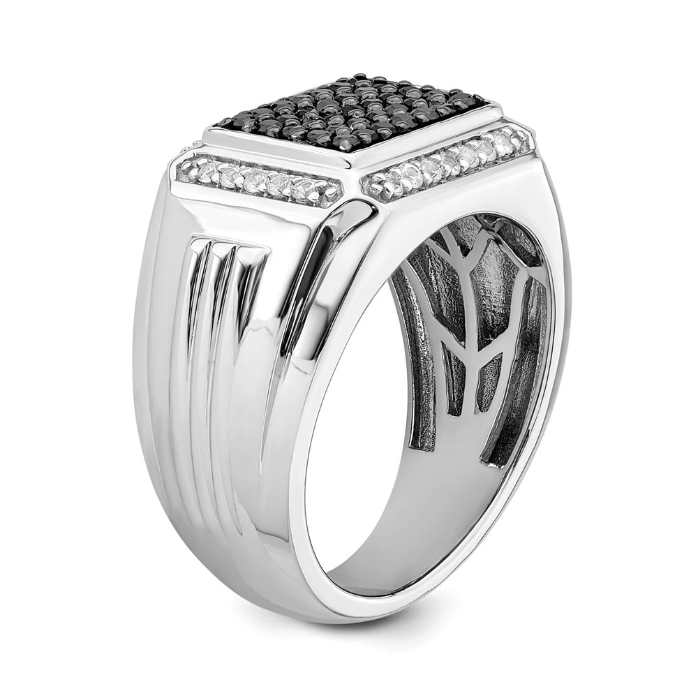 14k White Gold Polished Black and White Sapphire Cluster Men's Ring