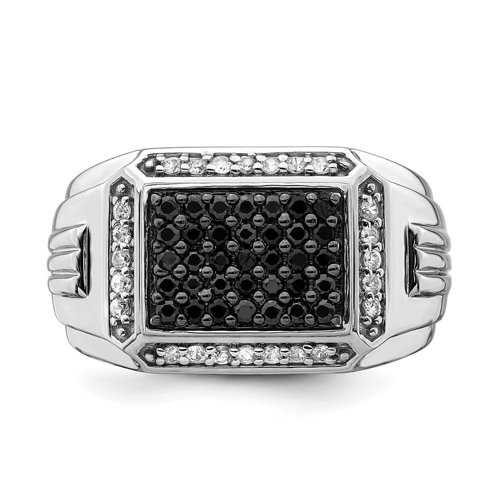 14k White Gold Polished Black and White Sapphire Cluster Men's Ring
