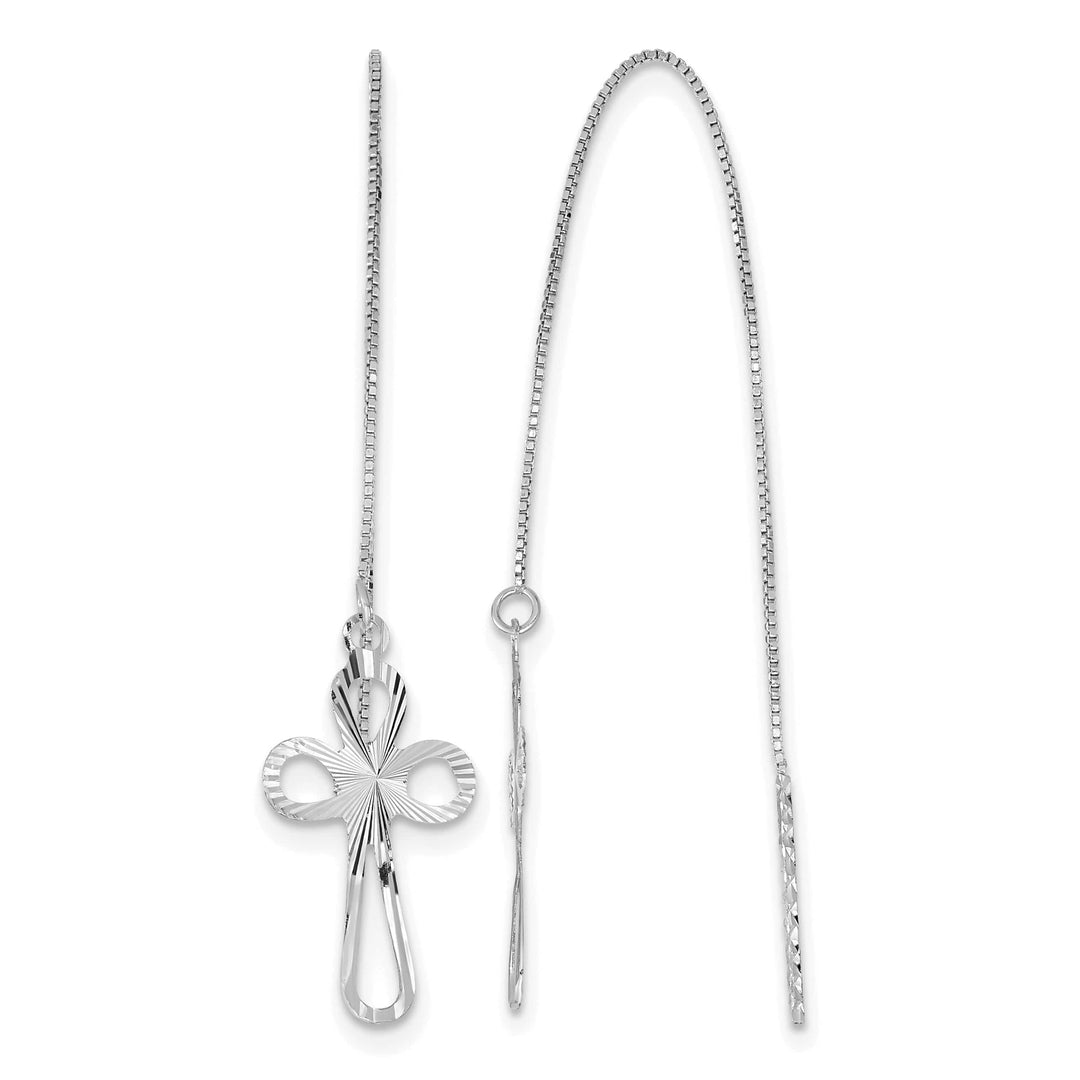 14K White Gold Polished D.C. Box Chain with Cross Threader Earrings