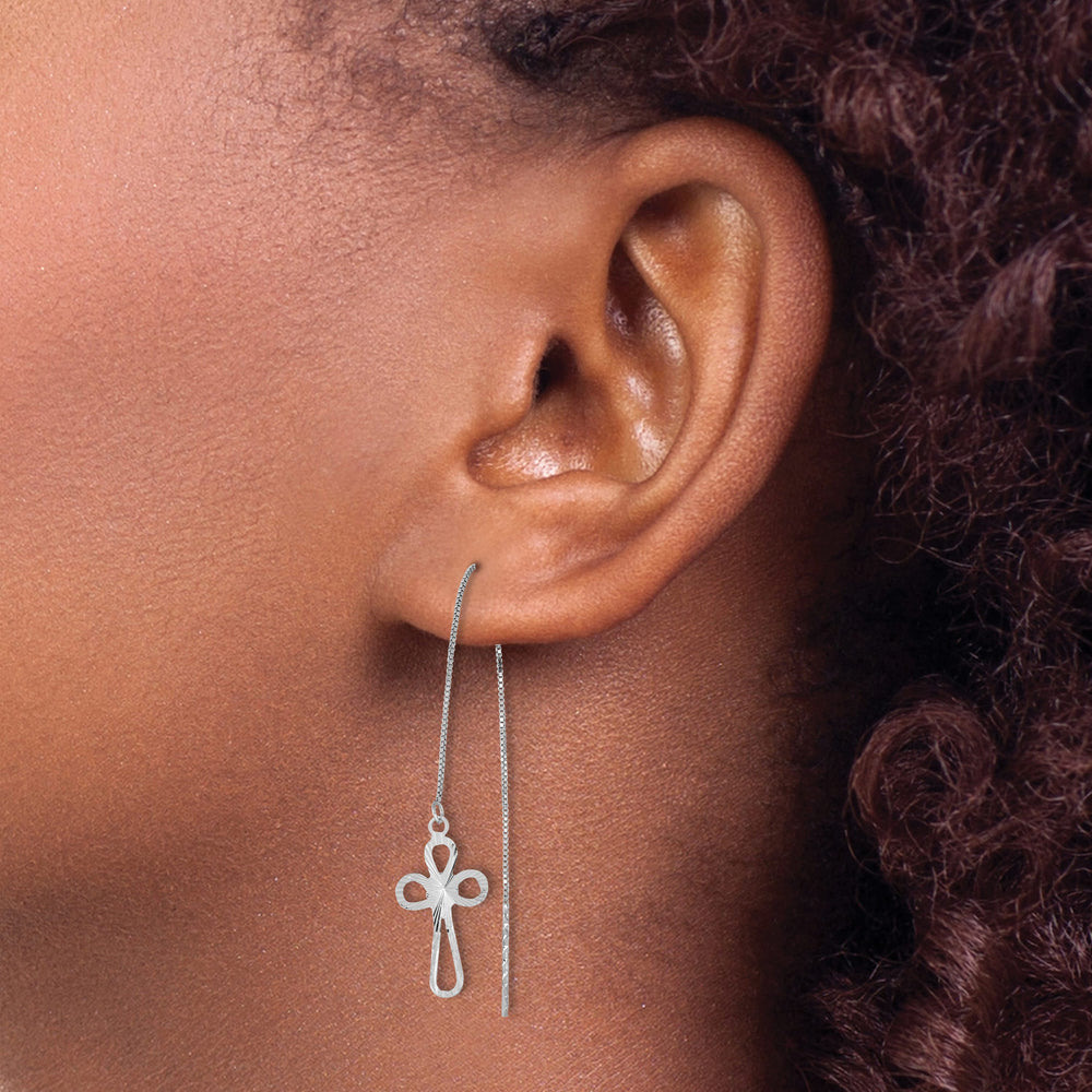 14K White Gold Polished D.C. Box Chain with Cross Threader Earrings