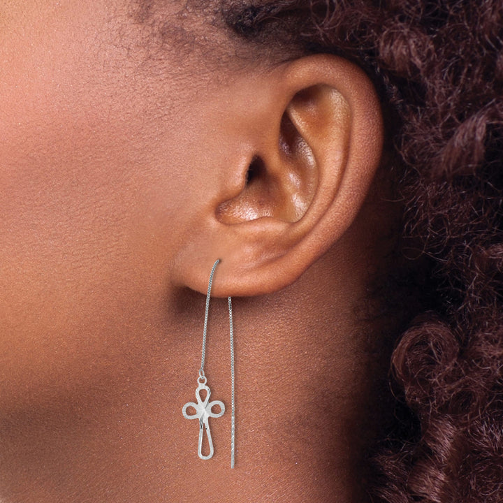 14K White Gold Polished D.C. Box Chain with Cross Threader Earrings