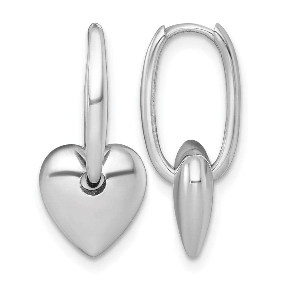 14K White Gold Polished Dangle Puffed Heart Hinged Hoop Earrings, view 1 of 3