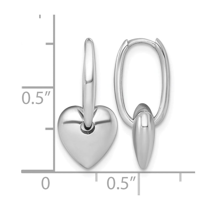 14K White Gold Polished Dangle Puffed Heart Hinged Hoop Earrings, view 3 of 3