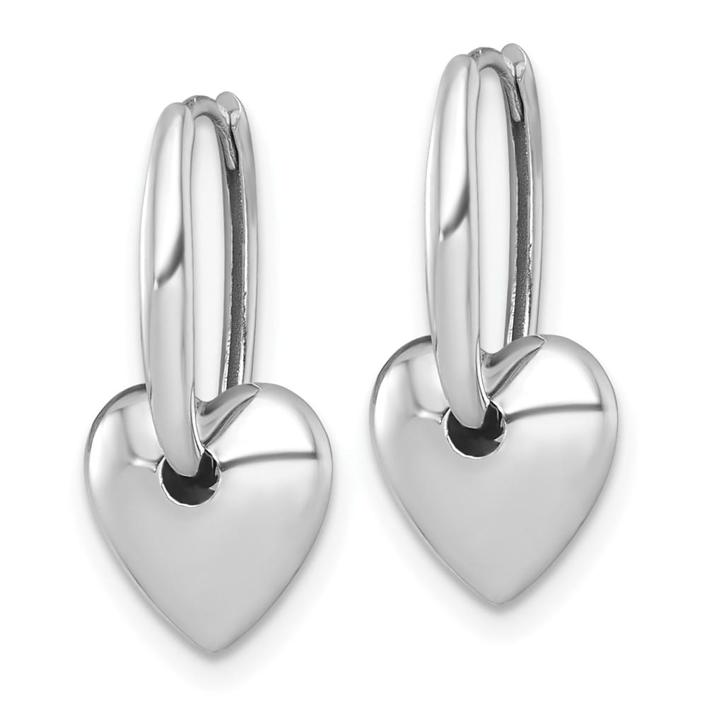 14K White Gold Polished Dangle Puffed Heart Hinged Hoop Earrings, view 2 of 3