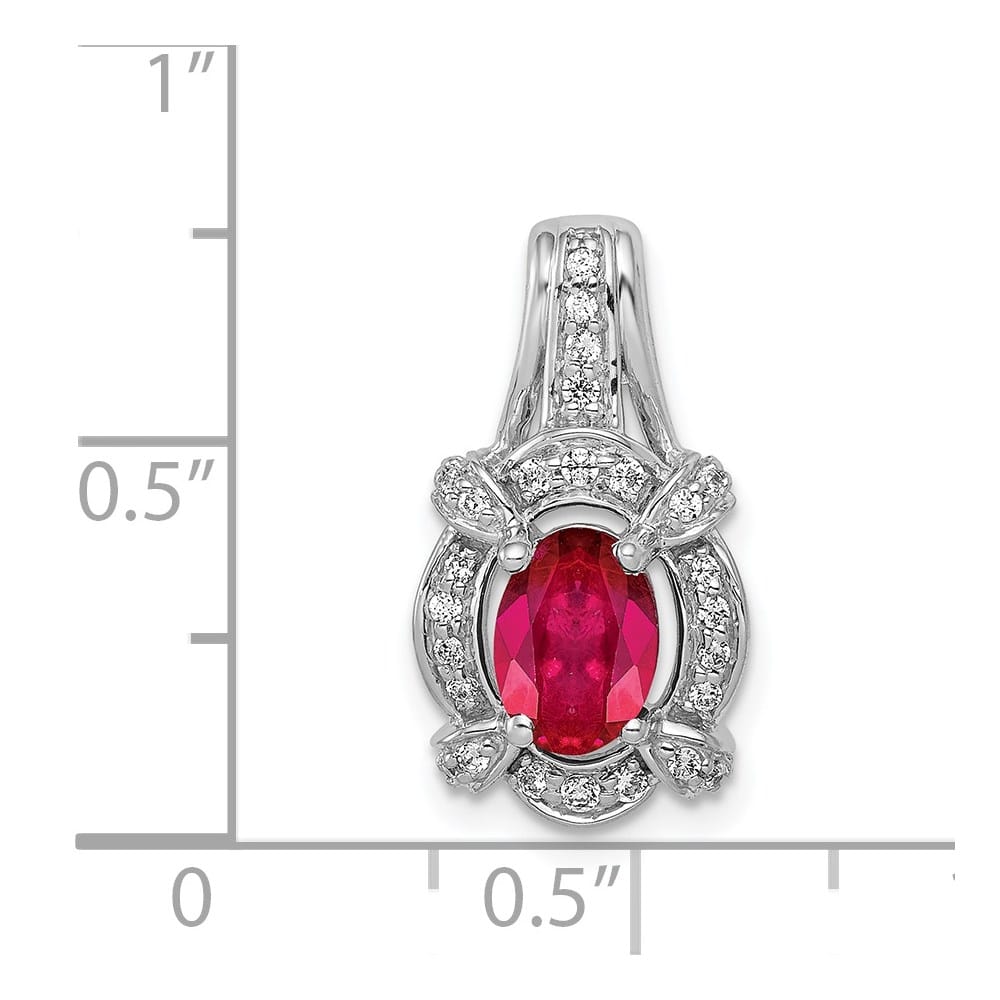 14K White Gold Polished Diamond and 7x5mm Oval Ruby Vintage Pendant