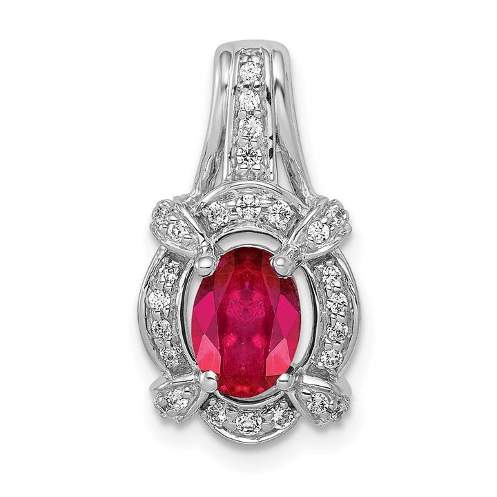 14K White Gold Polished Diamond and 7x5mm Oval Ruby Vintage Pendant