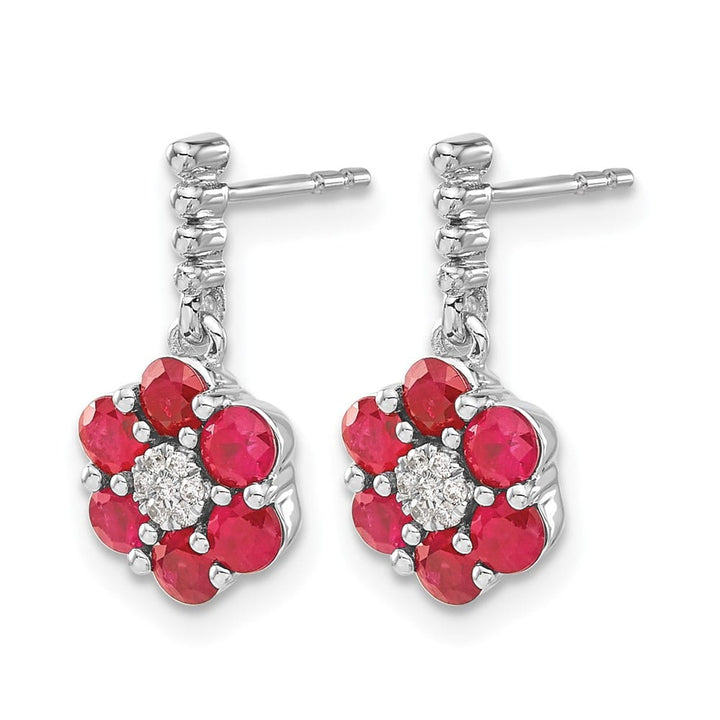 14K White Gold Polished Ruby and Diamond Floral Dangle Post Earrings, view 2 of 4