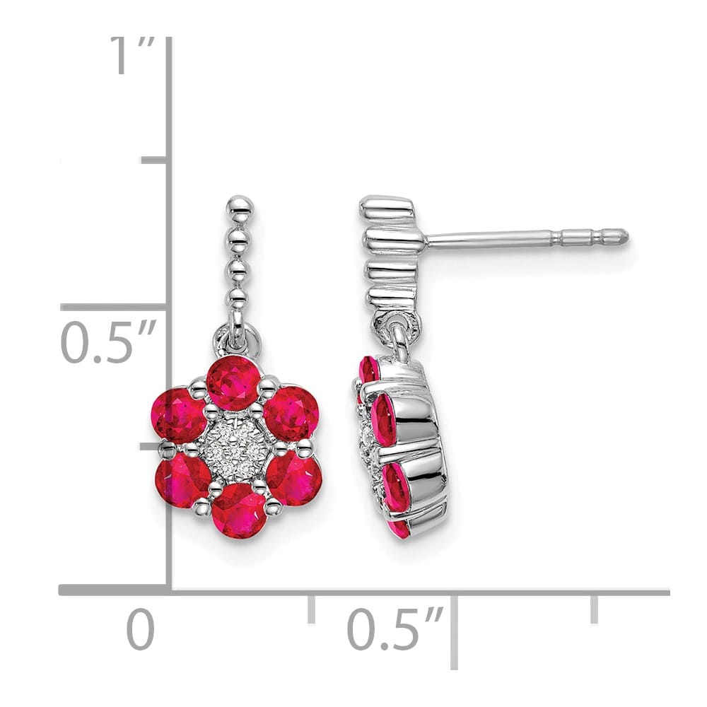 14K White Gold Polished Ruby and Diamond Floral Dangle Post Earrings, view 4 of 4