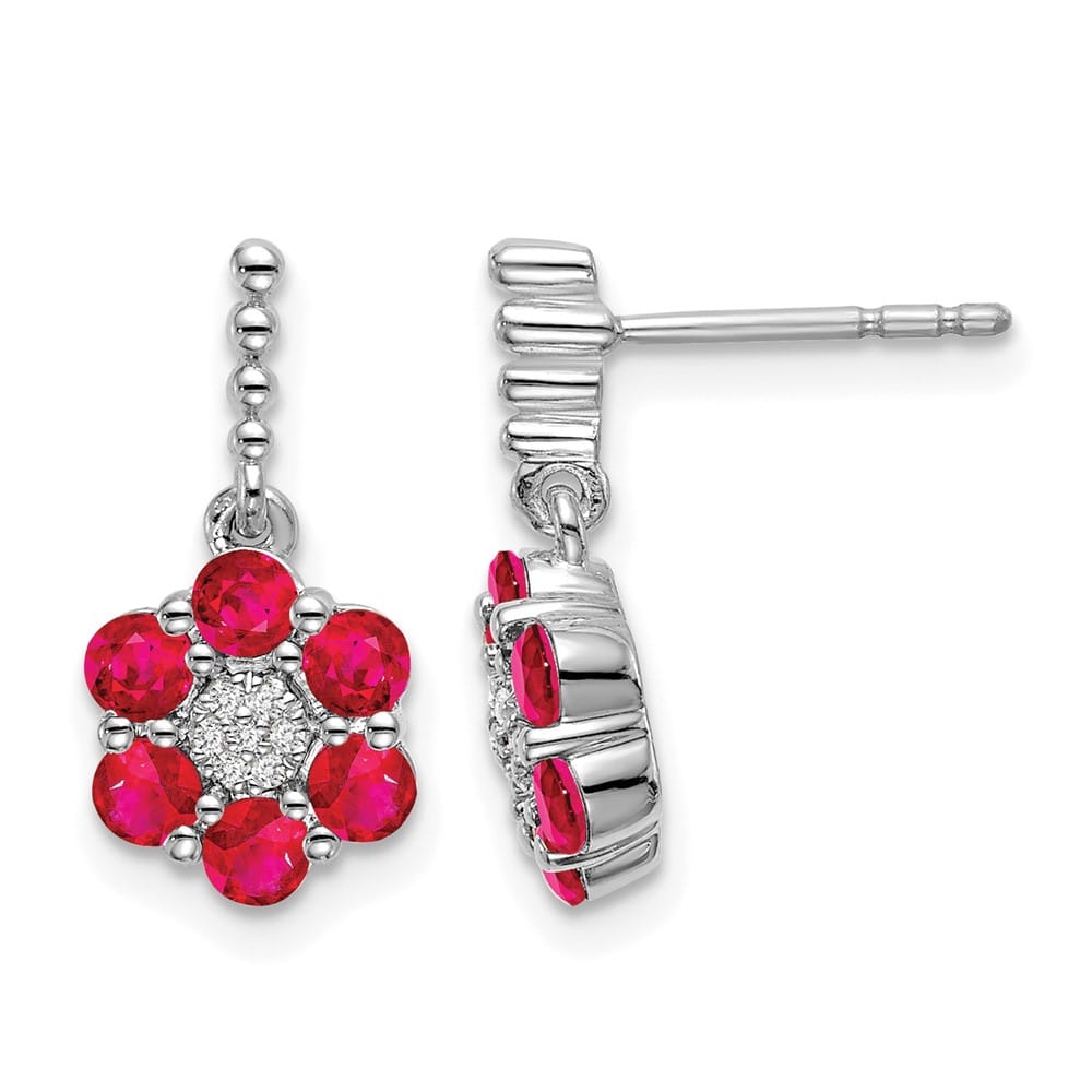 14K White Gold Polished Ruby and Diamond Floral Dangle Post Earrings, view 1 of 4