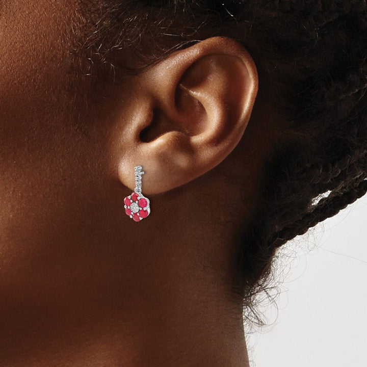 14K White Gold Polished Ruby and Diamond Floral Dangle Post Earrings, view 3 of 4