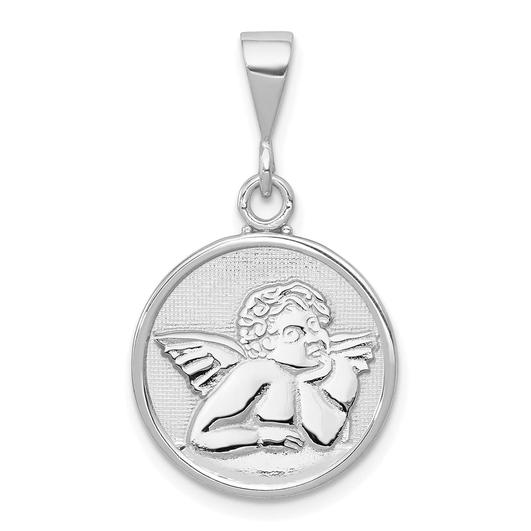 14K White Gold Polished Satin Angel Round Pendant