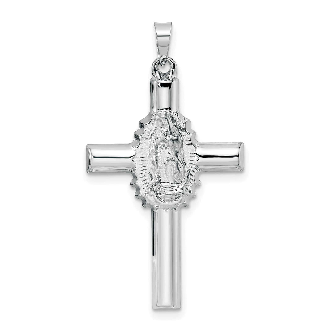 14K White Gold Polished Satin Cross with Our Lady of Guadalupe Pendant