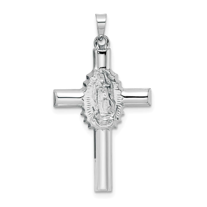 14K White Gold Polished Satin Cross with Our Lady of Guadalupe Pendant