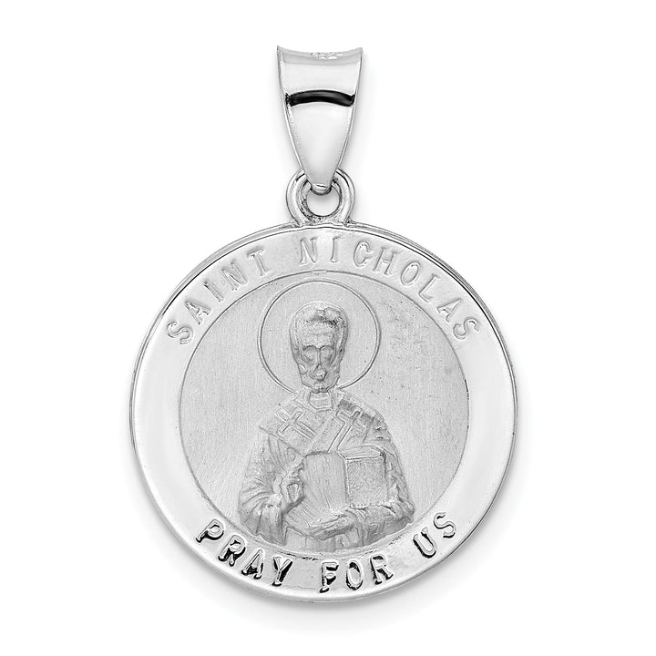 14K White Gold Polished Satin Hollow St Nicholas Medal Round Pendant
