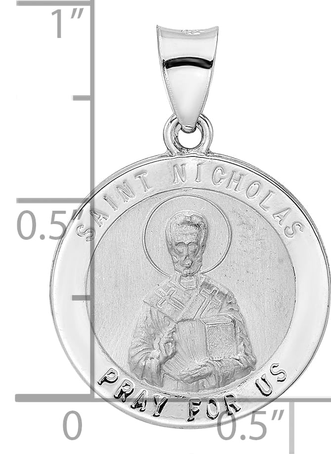 14K White Gold Polished Satin Hollow St Nicholas Medal Round Pendant
