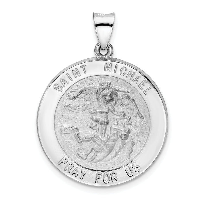 14K White Gold Polished Satin Large St. Michael Medal Round Pendant