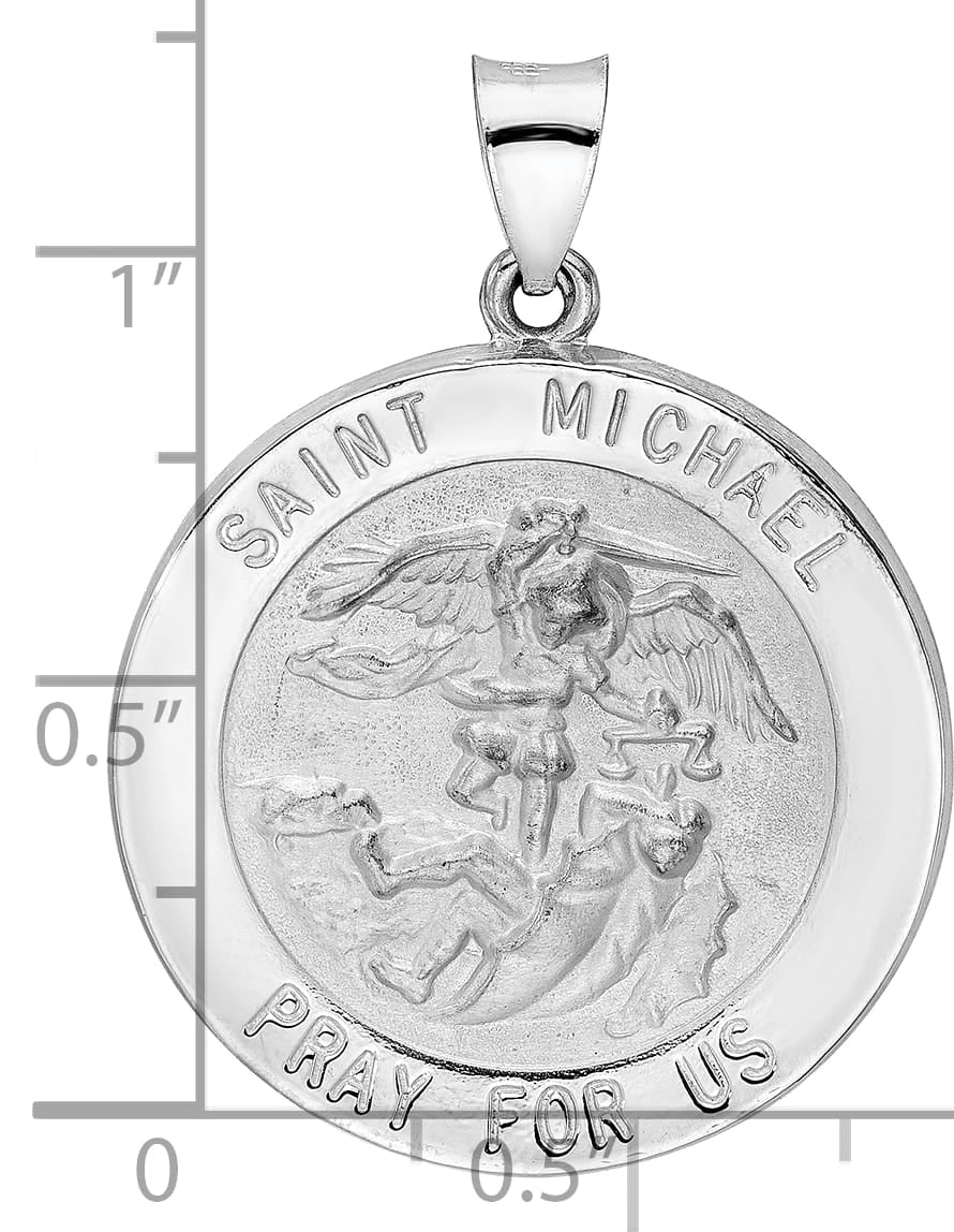 14K White Gold Polished Satin Large St. Michael Medal Round Pendant