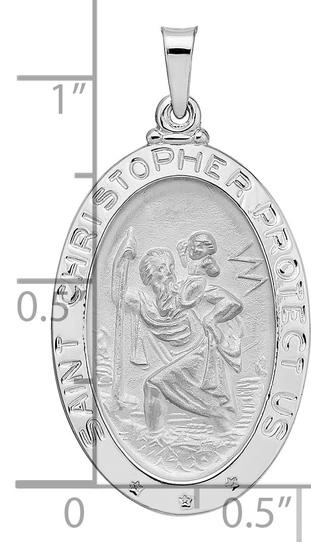 14K White Gold Polished Satin Saint Christopher Medal Oval Pendant