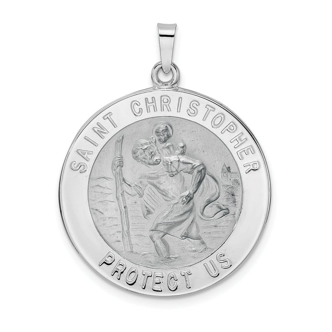 14K White Gold Polished Satin Saint Christopher Medal Round Pendant