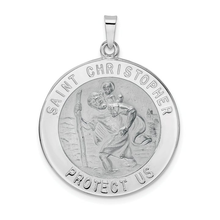 14K White Gold Polished Satin Saint Christopher Medal Round Pendant