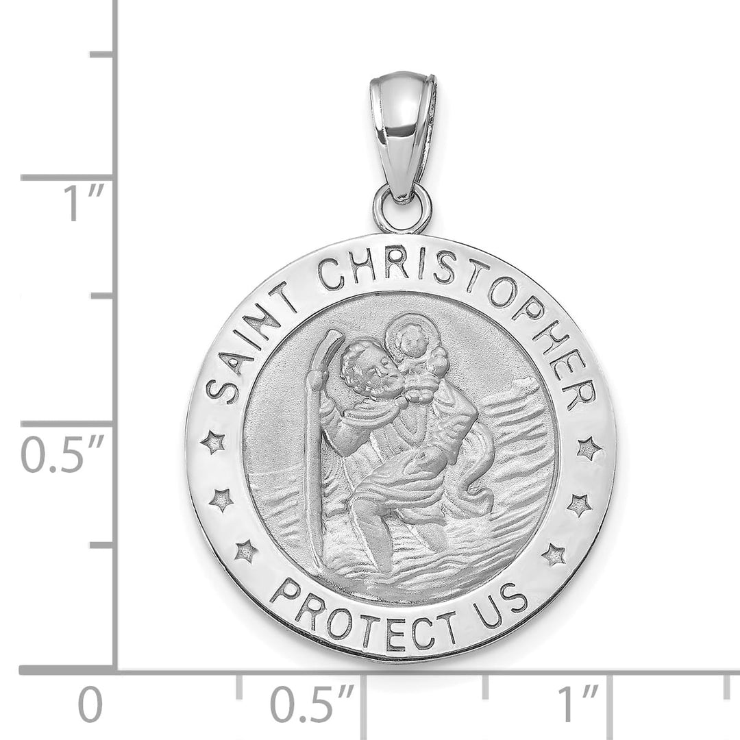 14K White Gold Polished Satin Saint Christopher Medal Round Pendant