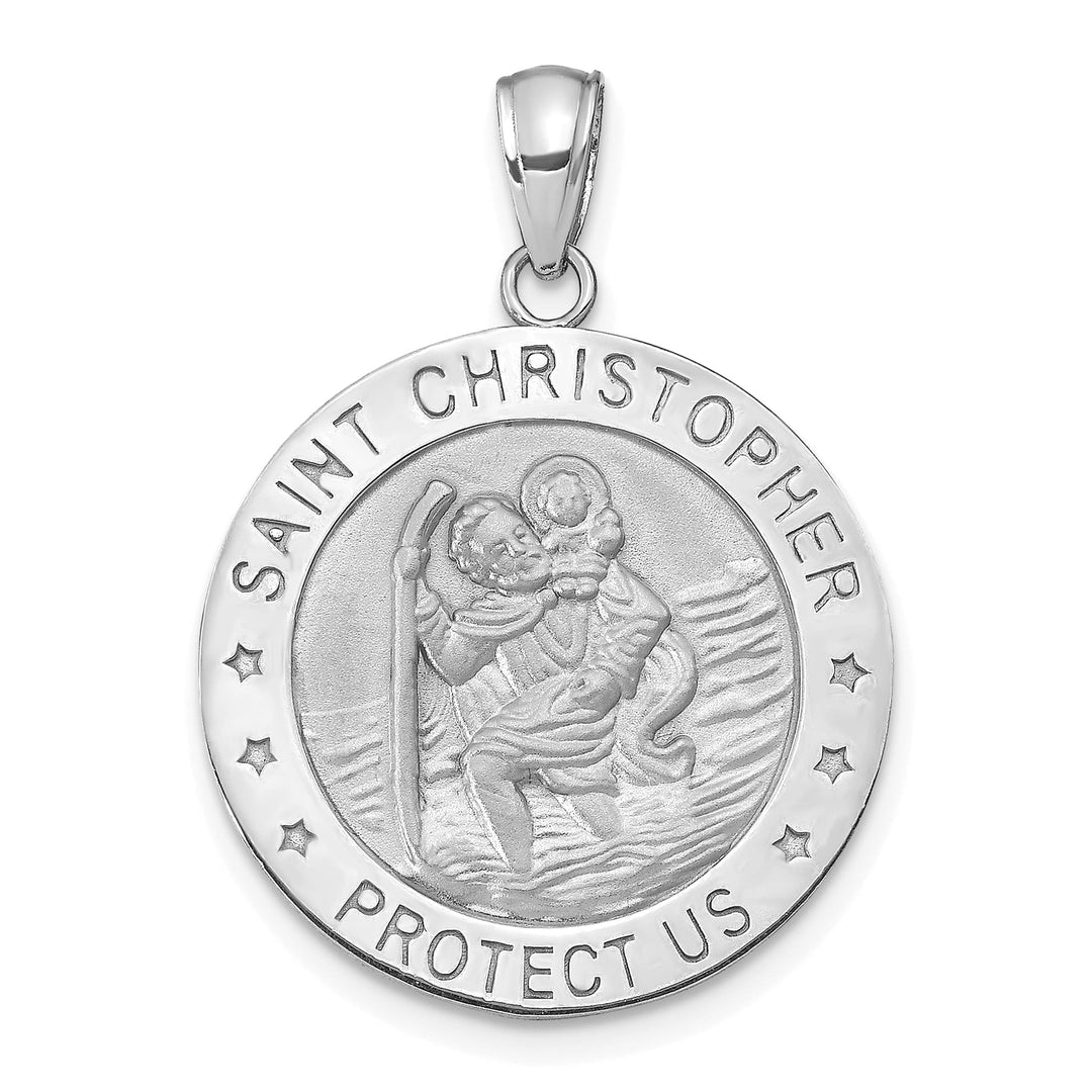 14K White Gold Polished Satin Saint Christopher Medal Round Pendant
