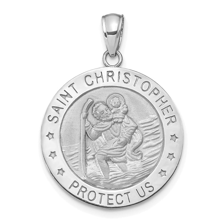 14K White Gold Polished Satin Saint Christopher Medal Round Pendant