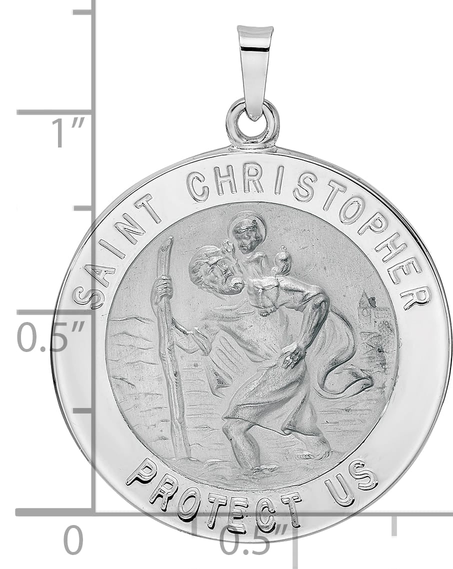 14K White Gold Polished Satin Saint Christopher Medal Round Pendant