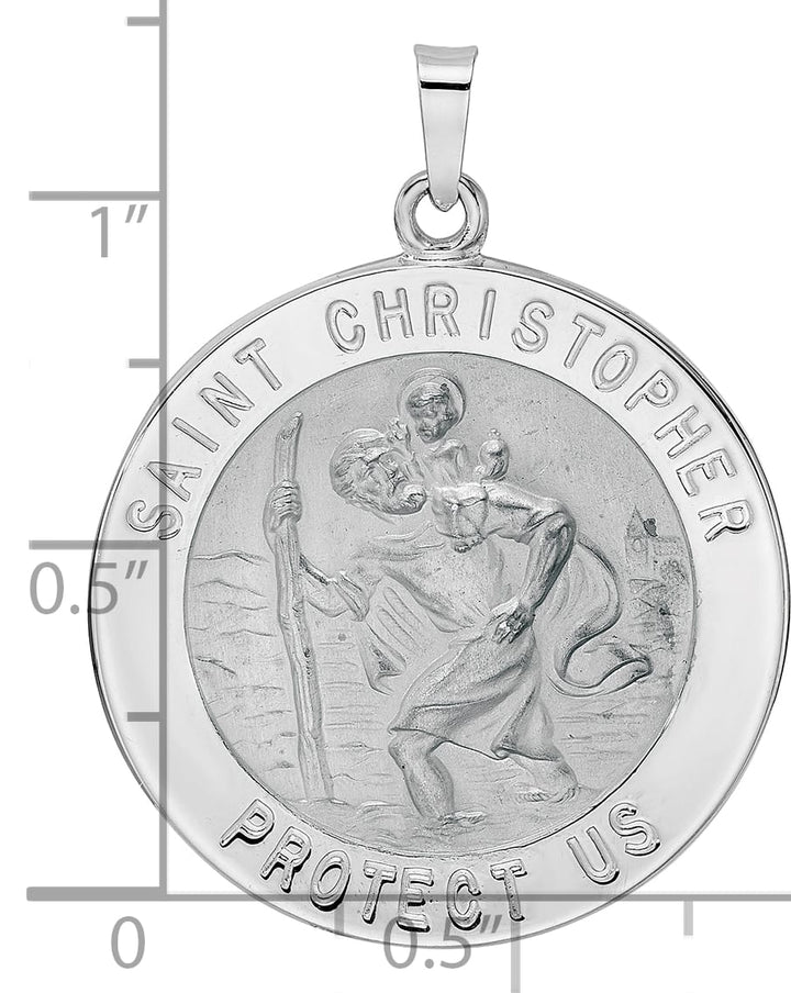 14K White Gold Polished Satin Saint Christopher Medal Round Pendant
