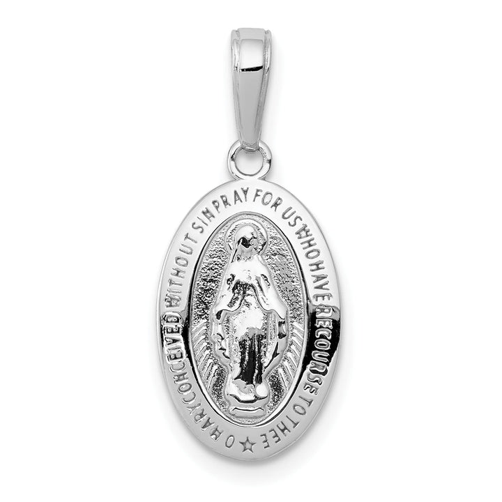 14K White Gold Polished Satin Solid Miraculous Medal Oval Pendant