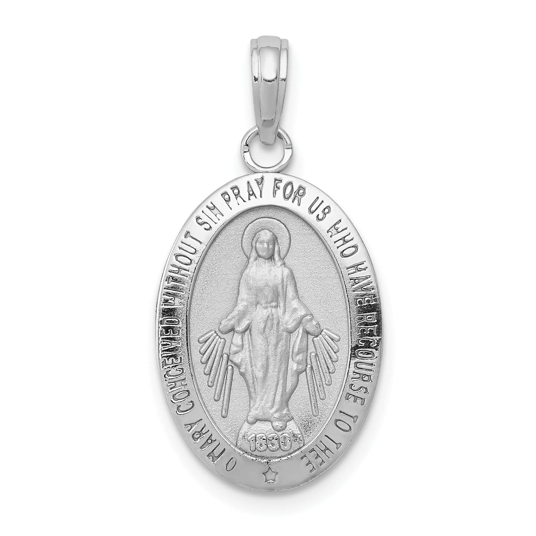 14K White Gold Polished Satin Solid Miraculous Medal Oval Pendant