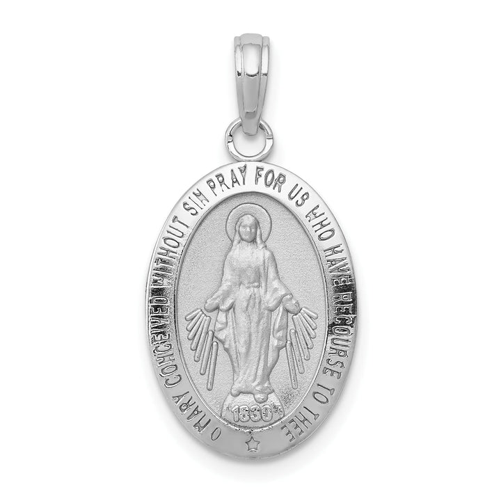 14K White Gold Polished Satin Solid Miraculous Medal Oval Pendant