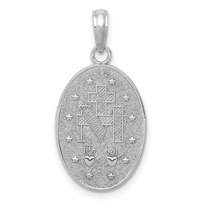 14K White Gold Polished Satin Solid Miraculous Medal Oval Pendant