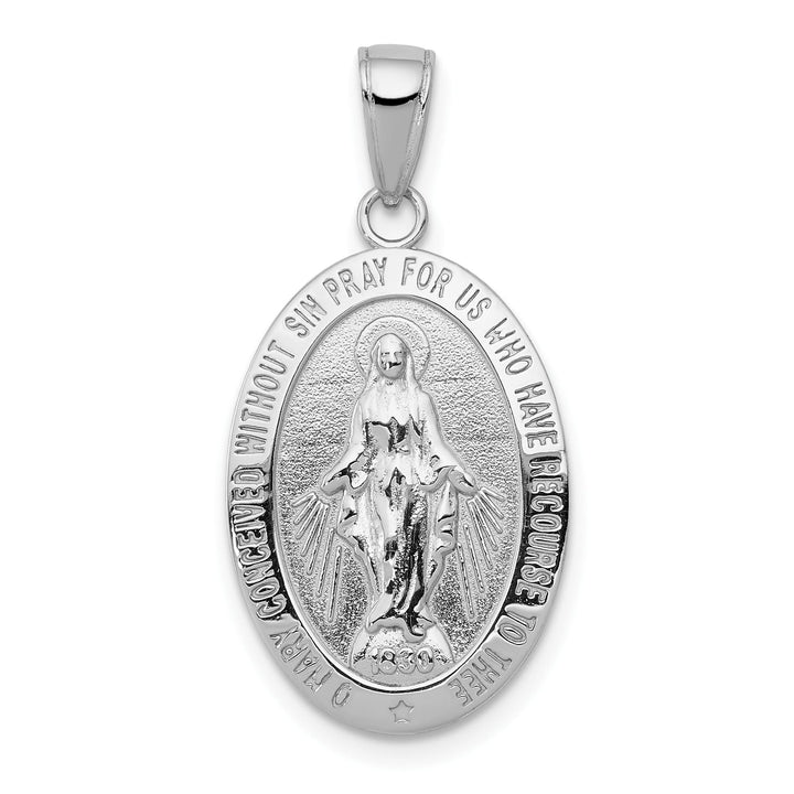 14K White Gold Polished Satin Solid Miraculous Medal Oval Pendant