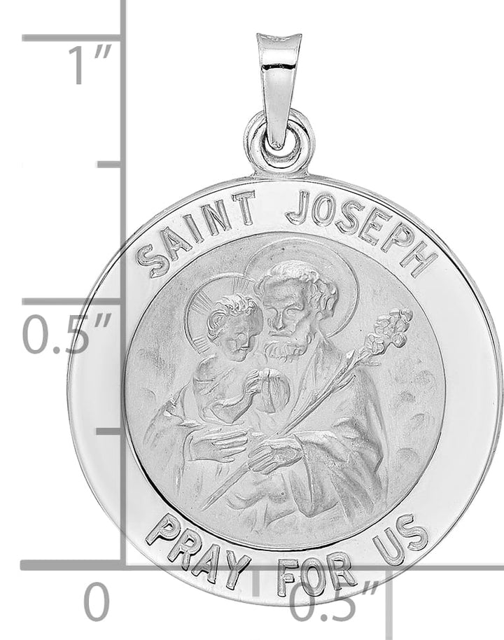 14K White Gold Polished Satin Solid Saint Joseph Medal Round Pendant