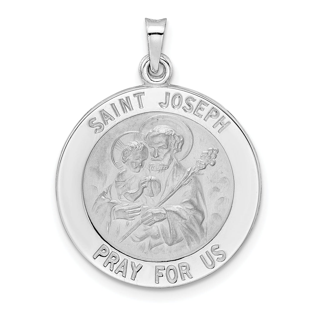14K White Gold Polished Satin Solid Saint Joseph Medal Round Pendant