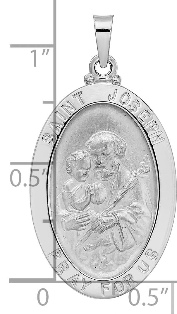 14K White Gold Polished Satin Solid Saint Joseph Oval Medal Pendant