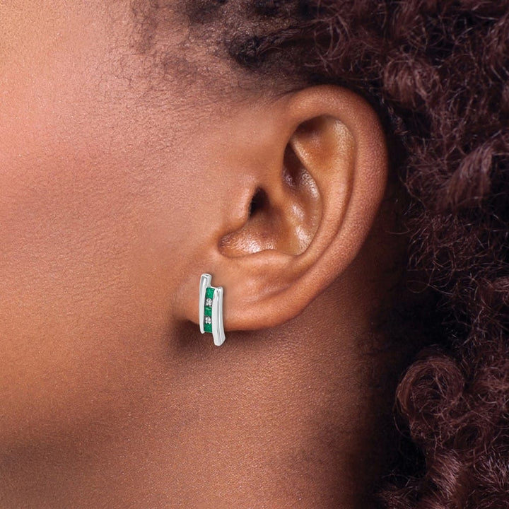 14K White Gold Princess Emerald and Diamond Post Earrings, view 3 of 4