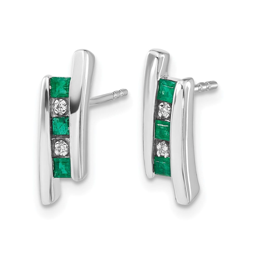 14K White Gold Princess Emerald and Diamond Post Earrings, view 2 of 4