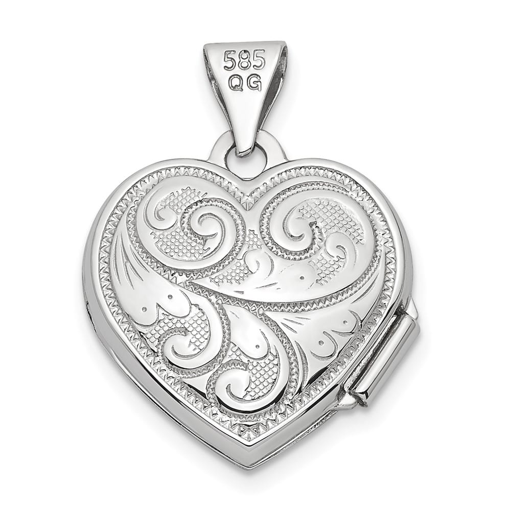 14K White Gold Reversible Swirl Design 15mm Heart Locket