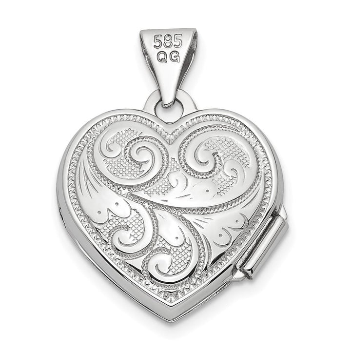 14K White Gold Reversible Swirl Design 15mm Heart Locket