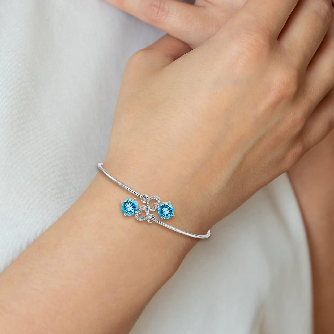 14k White Gold Round Blue Topaz and 1/8 carat Diamond Hearts Flexible